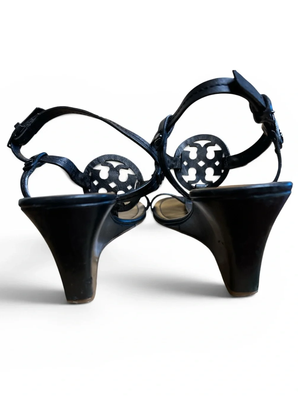 Tory Burch Black Leather Logo T-Strap Wedge Sandals